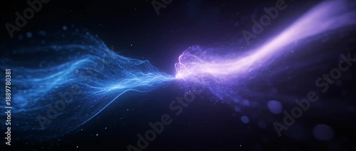 Abstract energy wave background blue purple light particle flow through dark space, glowing ribbon and nebula trail, futuristic technology data power motion, light energy connection