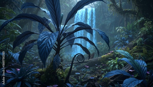 A lush, mystical rainforest scene with blue-tinged flora and a cascading waterfall