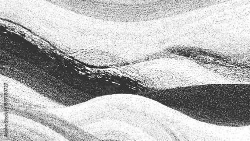 Black and white stippled abstract texture with flowing organic shapes and granular detail