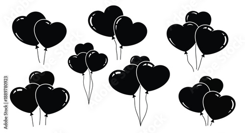 A collection of black heart and round balloons simple silhouette
