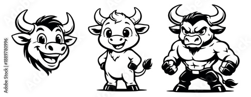 Cartoon line art bull set featuring a cheerful head, a cute calf, and a strong ox mascot for branding and design