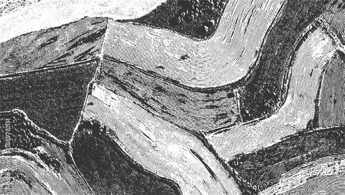 Black and white abstract pattern of curved lines and textured fields resembling aerial view of farmland