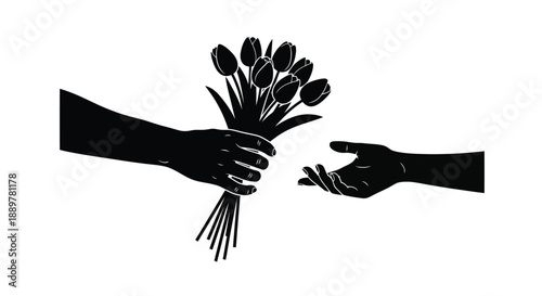 Hands exchanging a bouquet of tulips in striking black silhouette