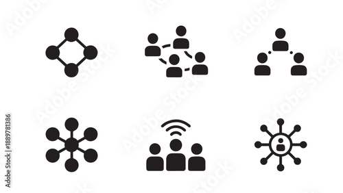 Minimalist icons representing network structures and organizational models in a clean 2x3 grid layout.