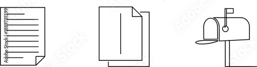 Minimal line icon set of document pages file stack and mailbox symbols for web interface design