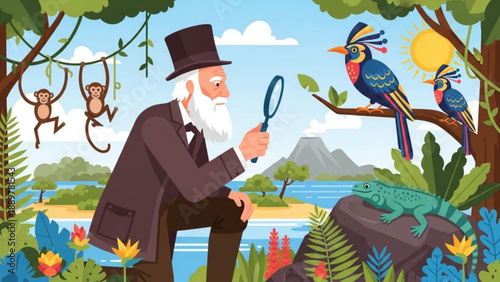 Elderly man in suit and top hat examines nature with magnifying glass surrounded by colorful jungle wildlife and lush foliage monkeys birds and flowers