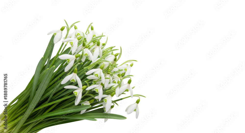 Obraz premium A professionally arranged bouquet of delicate white snowdrop flowers against a clean, minimalist white background, captured in soft light and macro detail, conveying the essence of early spring