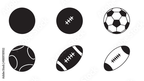 Minimalist sports ball icons in a clean 2x3 grid layout, featuring football, soccer, and tennis designs.