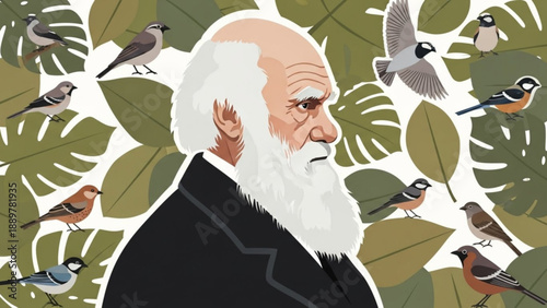 Illustration of charles darwin surrounded by tropical birds and leaves concept of evolution and natural history