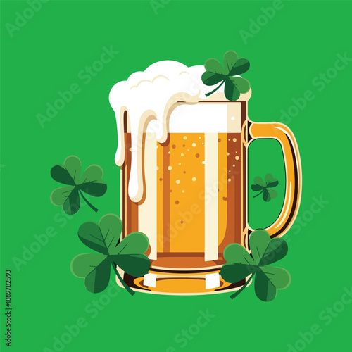 St Patrick’s Day green background with Irish beer mug, clover symbol, and festive holiday celebration design