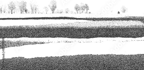 Black and white stippled landscape with layered fields and trees texture