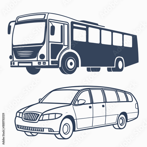 Set of two vehicles bus and long station wagon or limousine outline