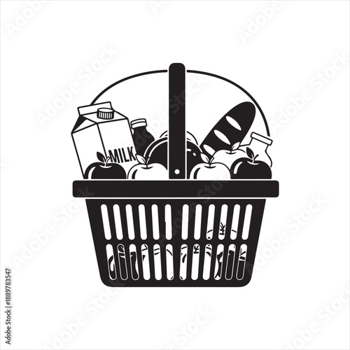 Flat Design Grocery Shopping Basket with Milk Cartons and Eggs Vector Illustration