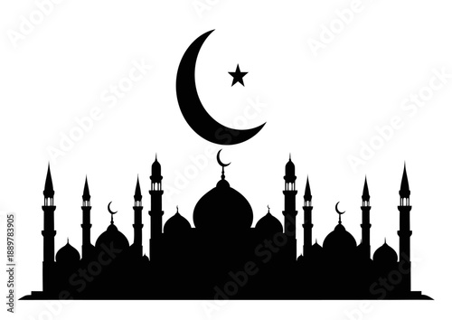 Silhouette of a mosque with crescent moon and star