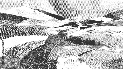 Canvas Print Black and white textured landscape with abstract hills and small buildings