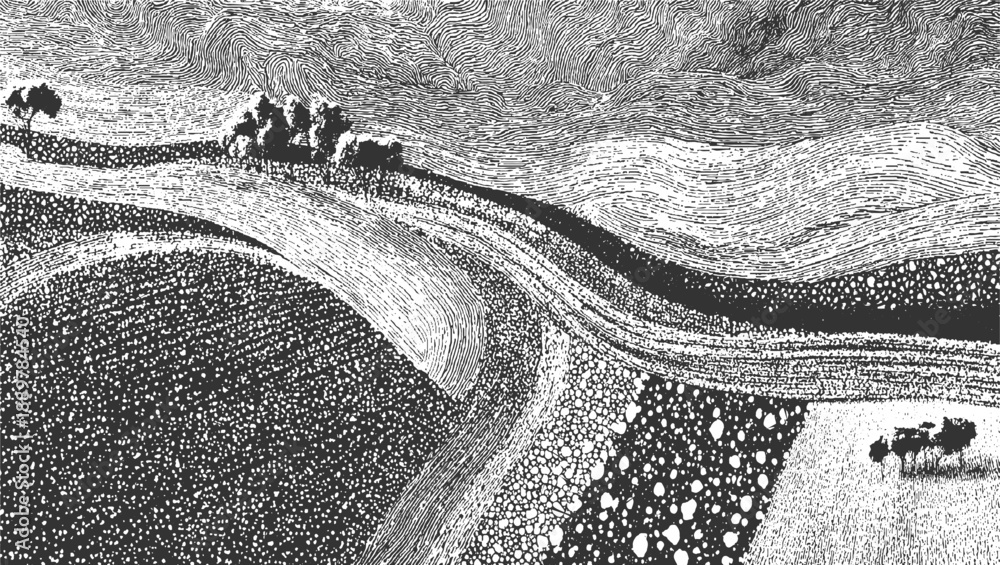 Obraz premium Black and white textured landscape with rolling hills and scattered trees 1