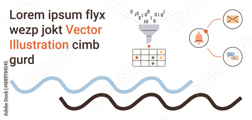 Data analysis, digital communication, AI processes, notifications, email management, abstract design. A binary funnel with data chart, icons of email and notifications and wavy elements. Digital
