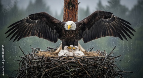 Bald eagle protecting its chicks in nest on rainy day