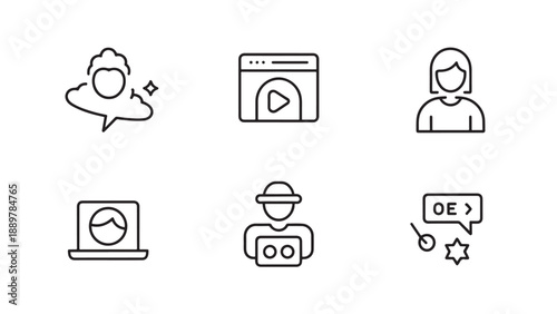   
Minimalist icons representing digital activities and online roles in a clean 2x3 grid layout.