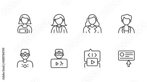 Eight line-style icons representing educators and digital learning tools including laptops, certificates, and coding.