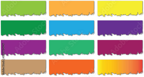 A collection of colorful torn paper strips with frayed edges on a white background for design purposes