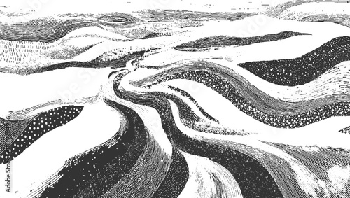 Abstract monochrome wavy landscape with textured hills and valleys black white