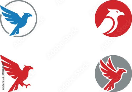 Modern bird logo set with eagle falcon silhouettes in circular emblems for branding identity design