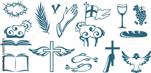 Christian easter symbols collection. Holi bibel, crucifix, lamb and praer, Vector isolated decoration elements.