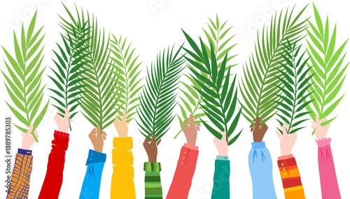 Palm Sunday. People hands with palm leaves. Vector isolated decoration border.