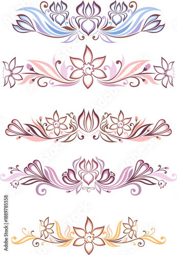 Floral borders collection, Ornamental horizontal dividers with flowers. Vector garland.