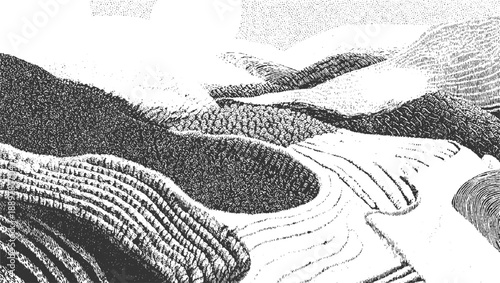 Black and white stippled landscape with rolling hills and textured fields monochrome