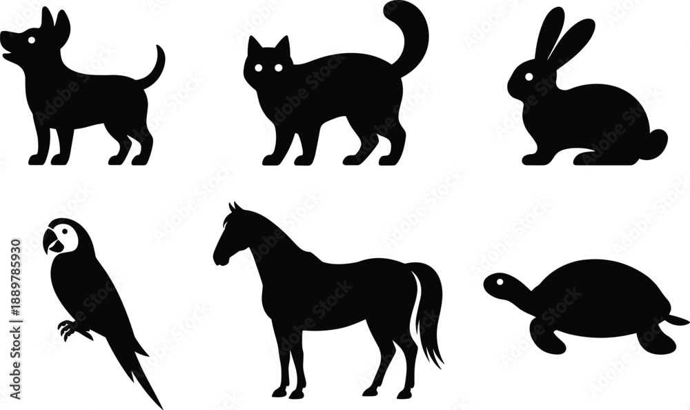Obraz premium Black silhouettes of dog cat rabbit parrot horse and turtle
