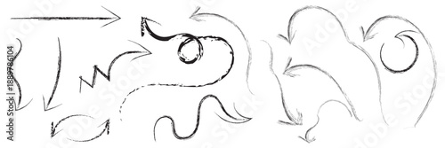 Hand Drawn Arrows and Direction Sketches.  Collection of black hand drawn arrows and doodle symbols showing movement, direction, and abstract navigation on a white background.

