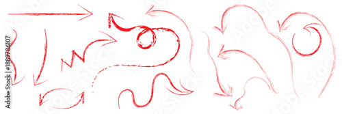 Hand Drawn Arrows and Direction Sketches.  Collection of red hand drawn arrows and doodle symbols showing movement, direction, and abstract navigation on a white background.

