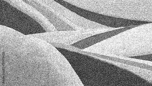 Abstract monochrome stippled landscape with rolling hills and shadows