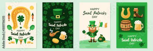 Saint Patricks Day 4 simple greeting card collection. Cute hand drawn vector illustrations. Posters and banners for the Irish national holiday.