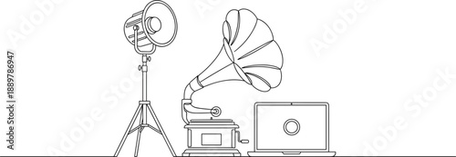 Monoline vector of retro gramophone with laptop and studio lighting representing audio recording and creative workspace