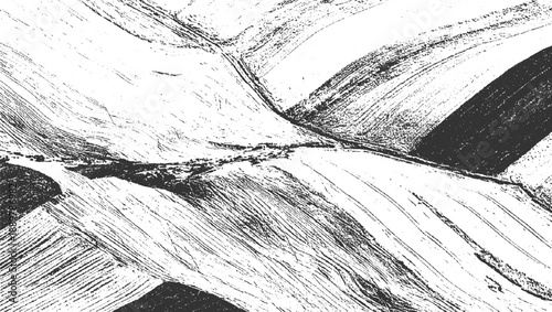 Black and white textured abstract pattern resembling plowed fields or topographic lines