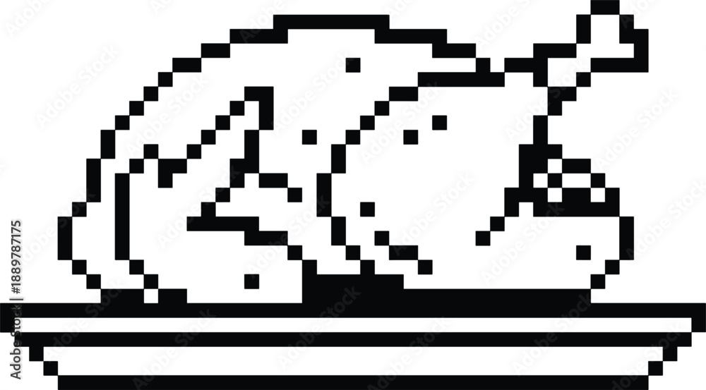 Fototapeta premium Pixel art roasted turkey icon on plate in retro 8 bit style for food game design