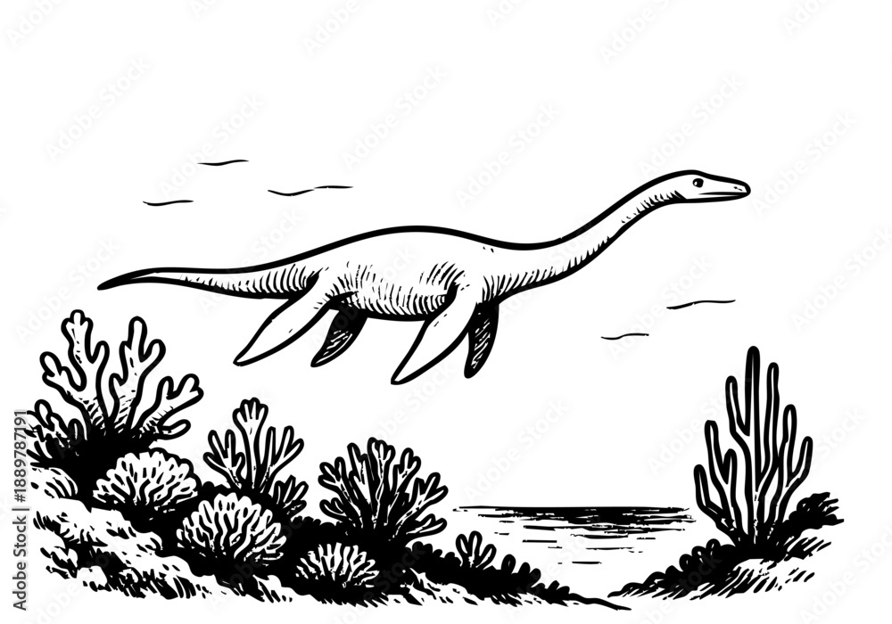 Obraz premium Plesiosaurus hand drawn simple sketch vector illustration
