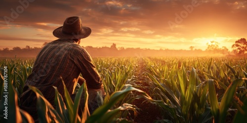 A farmer looks out over a field of tall crops at dawn, bathed in warm golden light