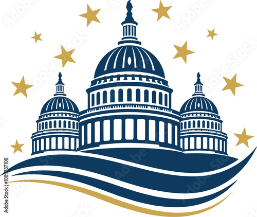 Patriotic government logo featuring three capitol building domes with gold stars and elegant waving swoosh lines.