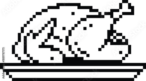 Pixel art roasted turkey icon on plate in retro 8 bit style for food game design