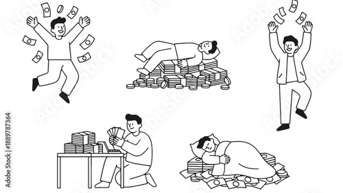 A cartoon man experiences various emotions with money in different scenarios