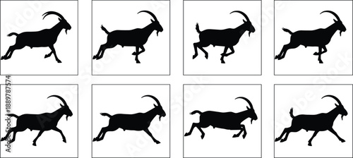 Running goat silhouette animation sequence set showing motion poses for farming wildlife logo and graphic design