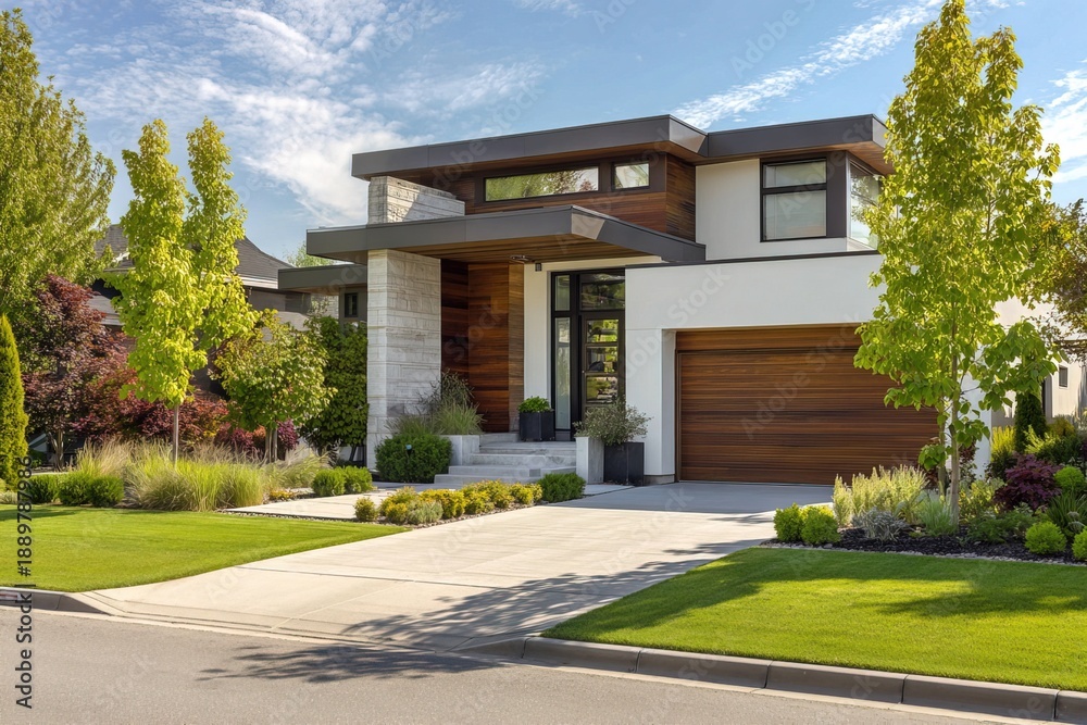 Fototapeta premium The image shows a modern house with a sleek design and large windows surrounded by green grass and trees in a suburban area. The sky is clear and blue