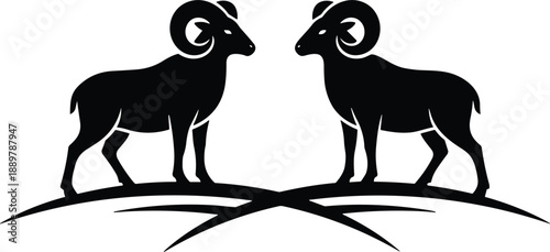 Symmetrical ram silhouette illustration with curved horns facing each other for wildlife farming zodiac and logo design