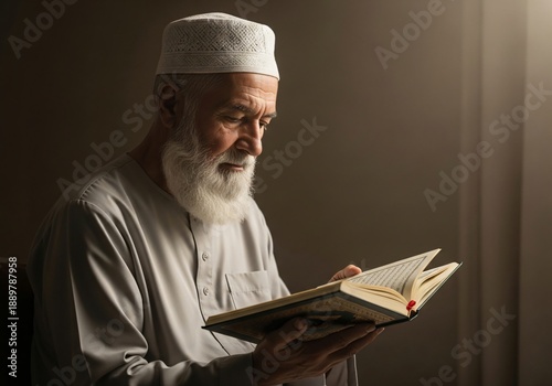 An elderly Muslim man wearing a kufi reads the Holy Quran, practicing devotion in a dramatically lit, intimate space.