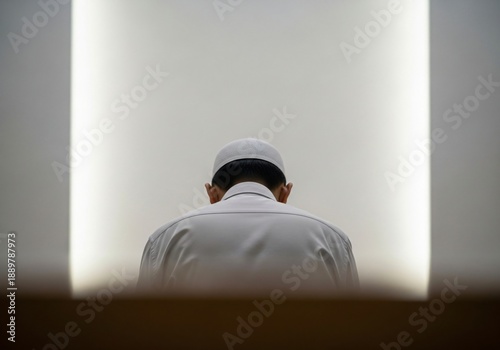 A Muslim man in a skullcap bows his head in silent reflection, facing a minimalist, brightly lit sanctuary space.