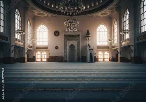 Majestic mosque interior showing the Mihrab, Minbar, and patterned prayer carpet, bathed in light from towering arched windows.